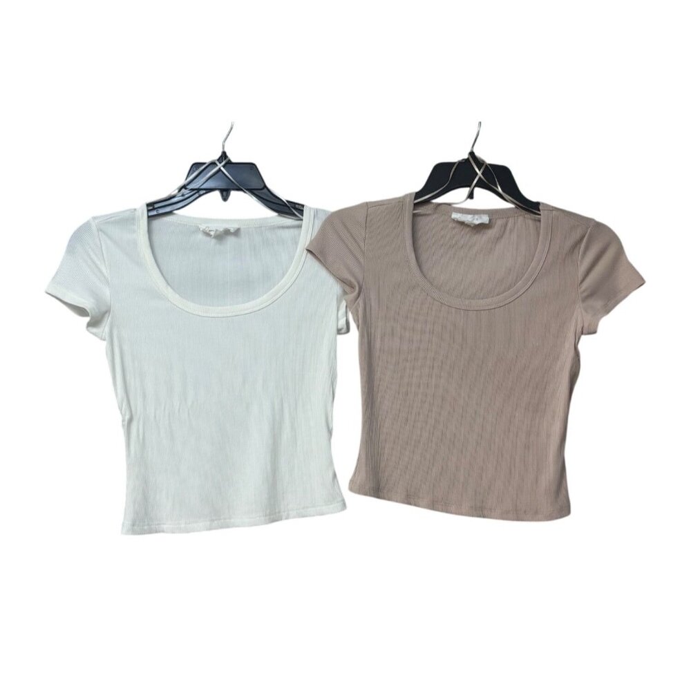 Gypsy+Jade  Set of 2 Women's Ribbed Cropped Modal T-Shirts, White/Beige, Sz. XS
